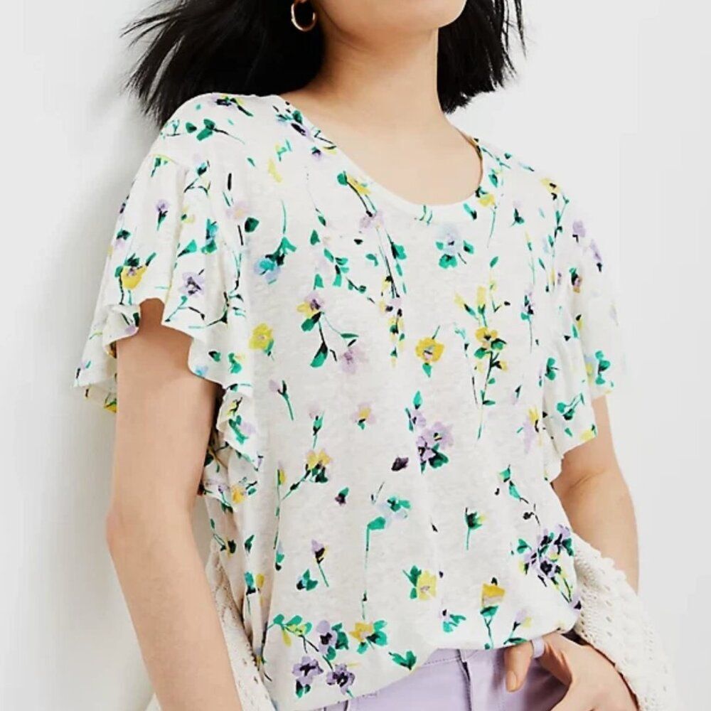 Loft Linen Flutter Wedge Tee White Floral size Large Women's Short Sleeve Top